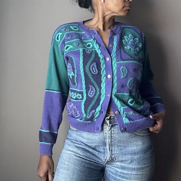 Vintage Lucia Cardigan Sweater Textured Knit Paisley Cottagecore Gran Womens M - Picture 9 of 11